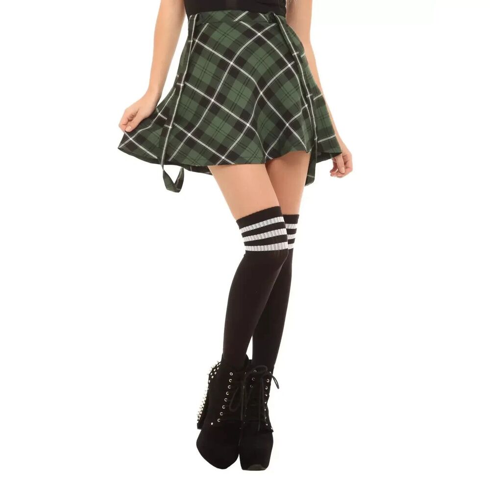 Royal Bones Mini Skirt M Schoolgirl Plaid Tartan Green Suspender Goth Punk Tripp